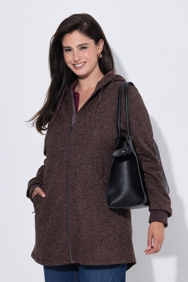 Ulla Popken 853577 Jachetă din fleece tricotat cu glugă și imprimeu Maro mahon - Haine fleece - 