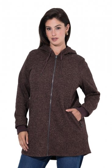 Ulla Popken 853577 Jachetă din fleece tricotat cu glugă și imprimeu Maro mahon - Haine fleece - 
