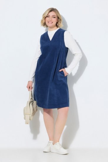 Ulla Popken 853697 Rochie din catifea reiată fără mâneci cu decolteu în V Bleumarin - Rochii de vară - Rochii de vară marimi mari