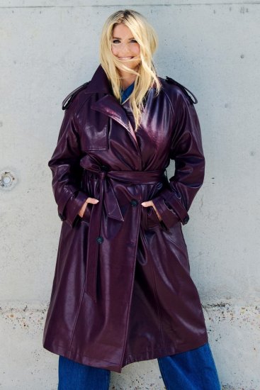 Ulla Popken 855617 Trench cu aspect de piele și cordon Roșu vin - Paltoane - Paltoane pentru femei la marimi mari
