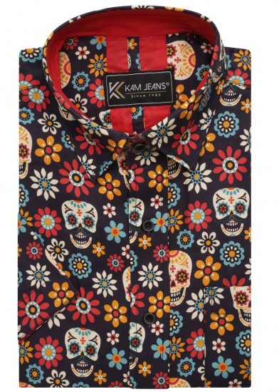Kam Jeans 6040 Floral Skull Print Shirt Black - Cămăși - Cămăși Bărbați Mărimi Mari