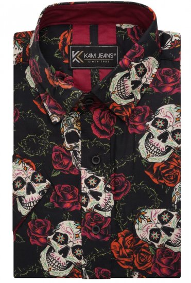 Kam Jeans 6042 Rose Skull Digital Print Shirt Black - Cămăși - Cămăși Bărbați Mărimi Mari