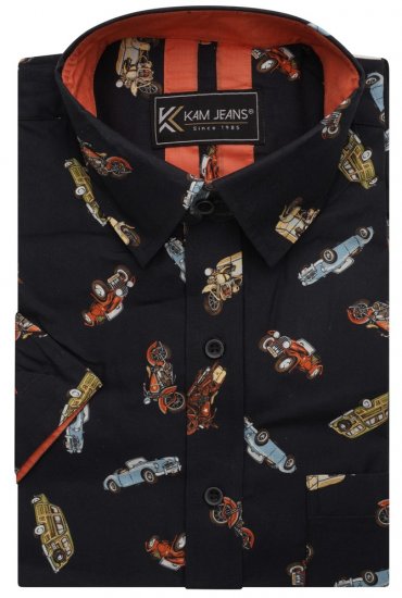 Kam Jeans 6046 Vintage Car Digital Print Shirt Black - Cămăși - Cămăși Bărbați Mărimi Mari