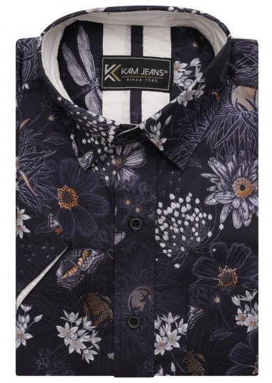 Kam Jeans 6045 Dragonfly Digital Print Short Sleeve Shirt Navy - Cămăși - Cămăși Bărbați Mărimi Mari