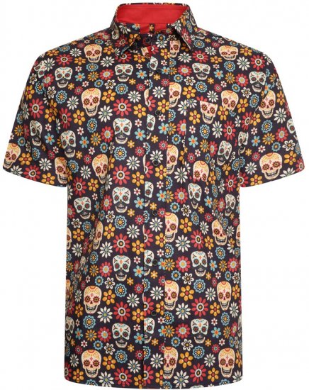 Kam Jeans 6040 Floral Skull Print Shirt Black - Cămăși - Cămăși Bărbați Mărimi Mari