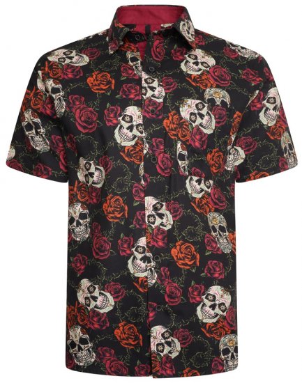 Kam Jeans 6042 Rose Skull Digital Print Shirt Black - Cămăși - Cămăși Bărbați Mărimi Mari