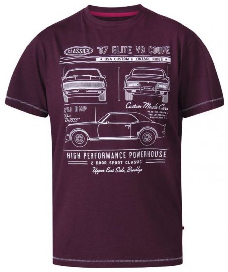 D555 Brady Classic Cars Crew Neck T-Shirt Burgundy - Tricouri - Tricouri Bărbați Mărimi Mari