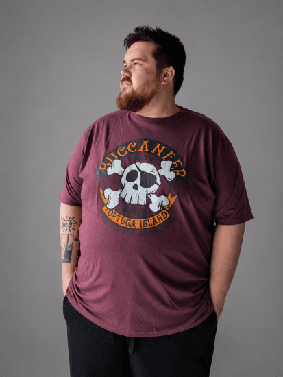 Kam Jeans 5753 Buccaneer Print T-Shirt BURGUNDY MARL - Tricouri - Tricouri Bărbați Mărimi Mari