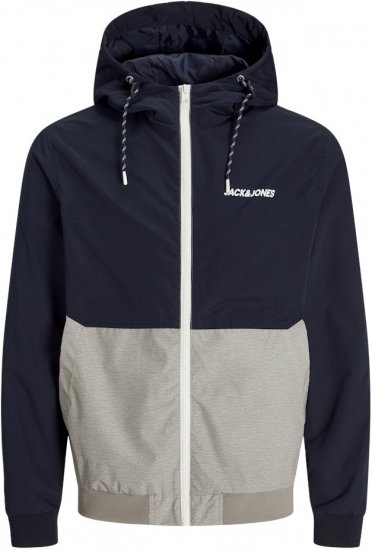 Jack & Jones RUSH White/Grey Blocking Bomber Jacket with Hood Dark Blue - Geci - Geci Bărbați Mărimi Mari