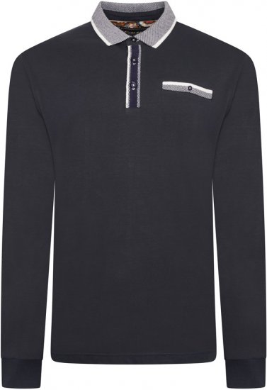 Kam Jeans 5509 LS Jersey Polo with Jacquard Pattern on Collar/Cuffs Navy - Tricouri polo - Tricouri Polo Bărbați Mărimi Mari