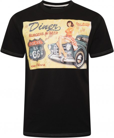 Kam Jeans 5751 Distressed Diners Print T-Shirt Black - Tricouri - Tricouri Bărbați Mărimi Mari