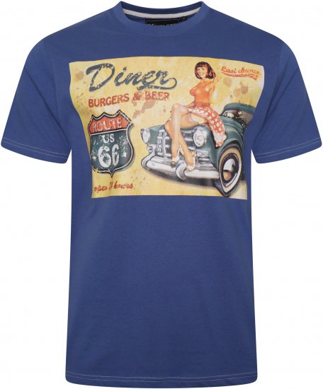 Kam Jeans 5751 Distressed Diners Print T-Shirt Blue - Tricouri - Tricouri Bărbați Mărimi Mari