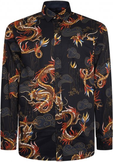 Kam Jeans 6057 LS Dragon Print Shirt Black - Cămăși - Cămăși Bărbați Mărimi Mari