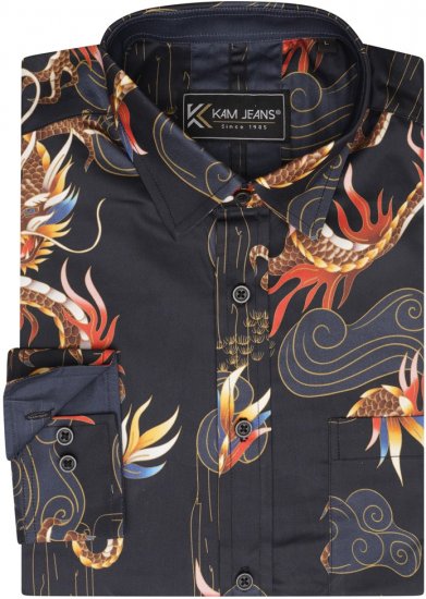 Kam Jeans 6057 LS Dragon Print Shirt Black - Cămăși - Cămăși Bărbați Mărimi Mari