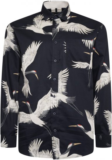 Kam Jeans 6059 LS Bird Print Shirt Navy - Cămăși - Cămăși Bărbați Mărimi Mari