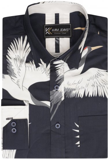 Kam Jeans 6059 LS Bird Print Shirt Navy - Cămăși - Cămăși Bărbați Mărimi Mari