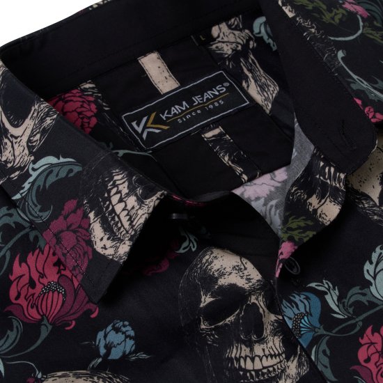 Kam Jean 6074 Cămașă Cu Imprimeu Floral Cu Craniu Neagră - Cămăși - Cămăși Bărbați Mărimi Mari