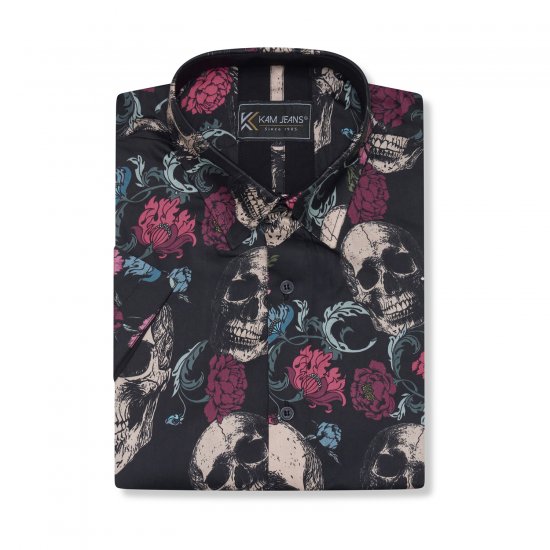Kam Jean 6074 Cămașă Cu Imprimeu Floral Cu Craniu Neagră - Cămăși - Cămăși Bărbați Mărimi Mari