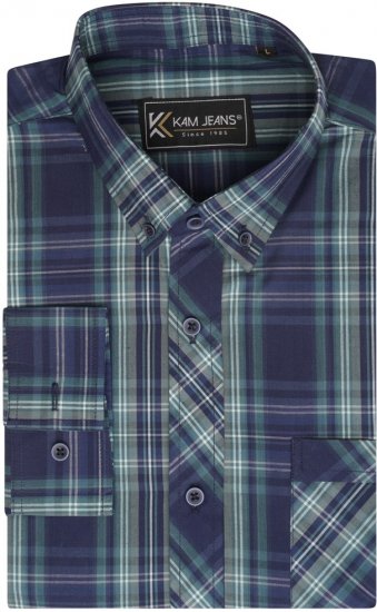 Kam Jeans 6301 LS Casual Check Shirt Teal - Cămăși - Cămăși Bărbați Mărimi Mari