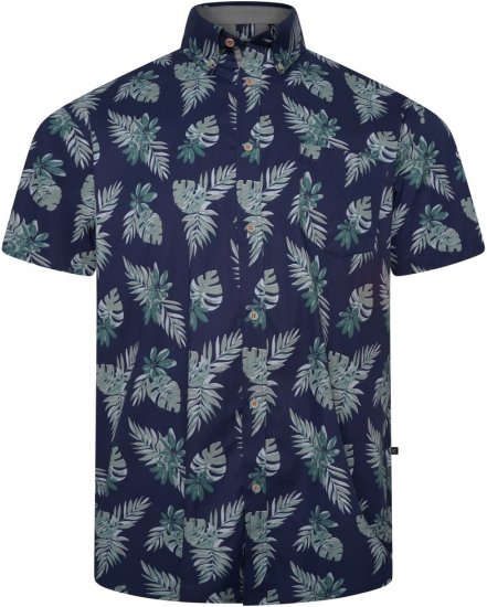 Kam Jeans 6331 AOP Leaf Print Short Sleeve Shirt Navy - Cămăși - Cămăși Bărbați Mărimi Mari