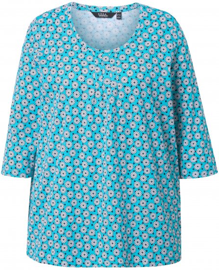 Ulla Popken Flower Print 3/4 Sleeve A-Line Tee Deep Aqua - Tricouri imprimate pentru femei - 
