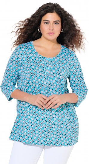 Ulla Popken Flower Print 3/4 Sleeve A-Line Tee Deep Aqua - Tricouri imprimate pentru femei - 