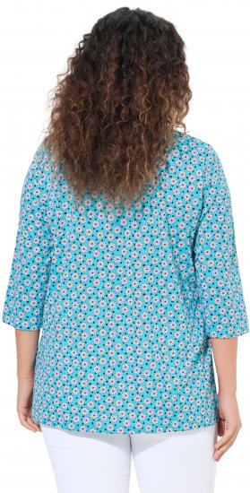 Ulla Popken Flower Print 3/4 Sleeve A-Line Tee Deep Aqua - Tricouri imprimate pentru femei - 