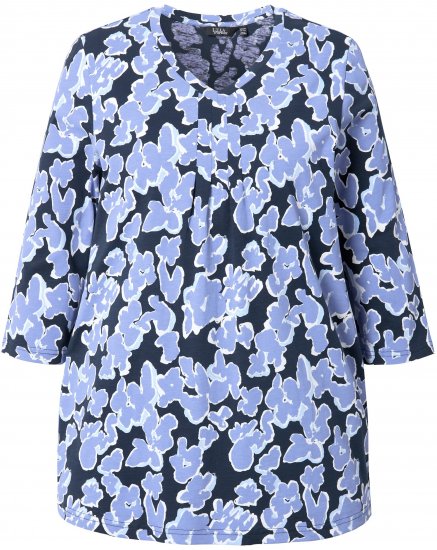 Ulla Popken Floral Print 3/4 Sleeve V-Neck Tee Navy Blue - Tricouri imprimate pentru femei - 