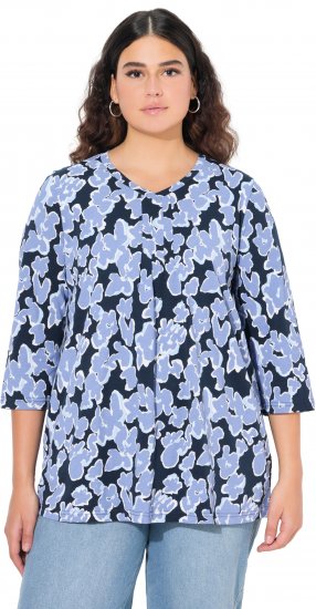 Ulla Popken Floral Print 3/4 Sleeve V-Neck Tee Navy Blue - Tricouri imprimate pentru femei - 