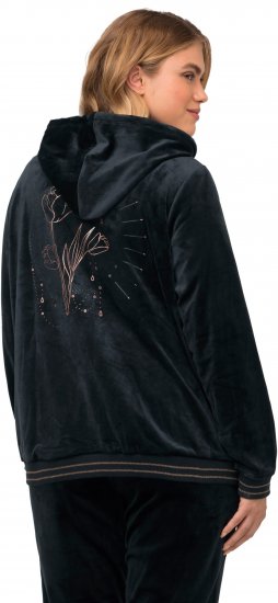 Ulla Popken Tulip Line Print Velour Zip Hoodie Black - Pulovere & hanorace - 