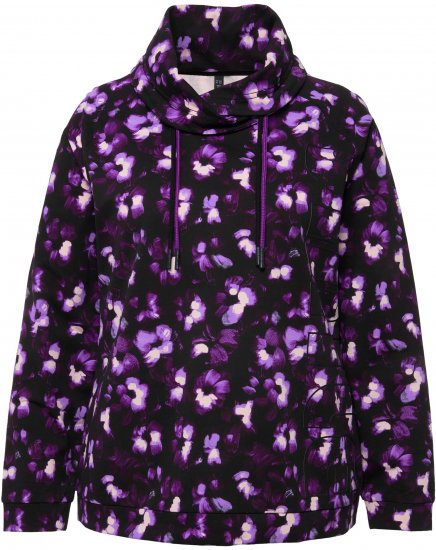 Ulla Popken Floral Print Drawstring Collar Hoodie Black - Pulovere & hanorace - 