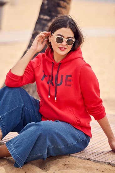 Ulla Popken TRUE Lettering Hoodie Neon Red - Pulovere & hanorace - 