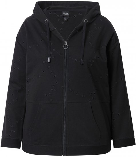 Ulla Popken Eyelet Embroidered Zip-Up Hoodie Black - Pulovere & hanorace - 
