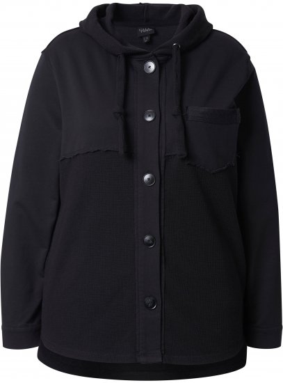 Ulla Popken Mixed Texture Button Down Hoodie Black - Pulovere & hanorace - 