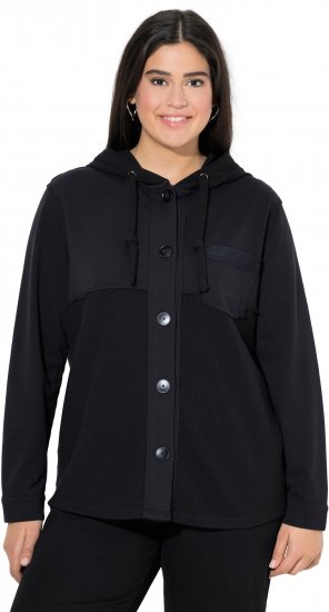 Ulla Popken Mixed Texture Button Down Hoodie Black - Pulovere & hanorace - 