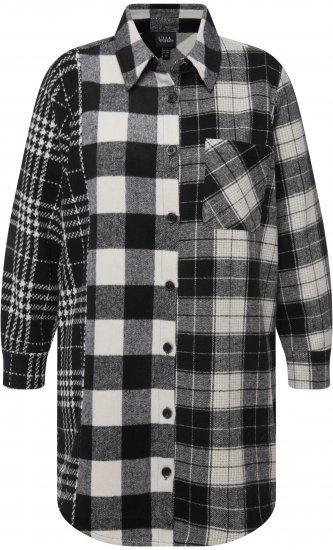 Ulla Popken Mixed Plaid Long Sleeve Button Down Shacket Black - Geci - 
