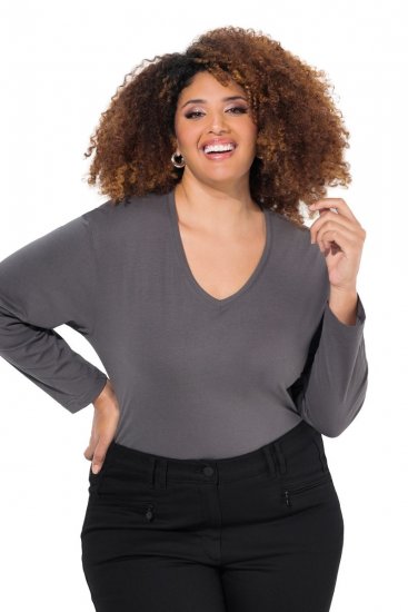 Ulla Popken Back To Basics V-Neck Relaxed Fit Cotton Tee Graphite Grey - Tricouri - Tricouri pentru femei