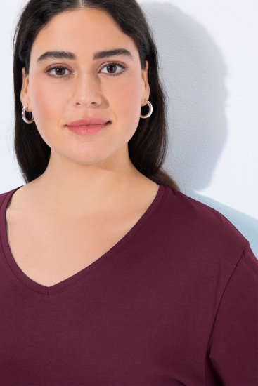 Ulla Popken Back To Basics V-Neck Relaxed Fit Cotton Tee Dark Berry - Tricouri - Tricouri pentru femei