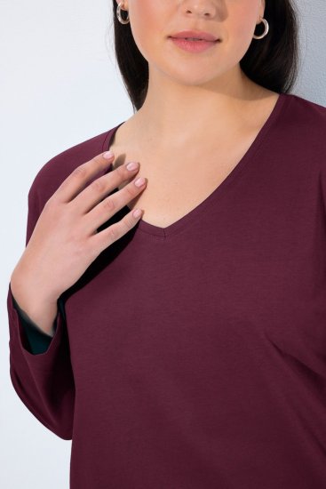 Ulla Popken Back To Basics V-Neck Relaxed Fit Cotton Tee Dark Berry - Tricouri - Tricouri pentru femei