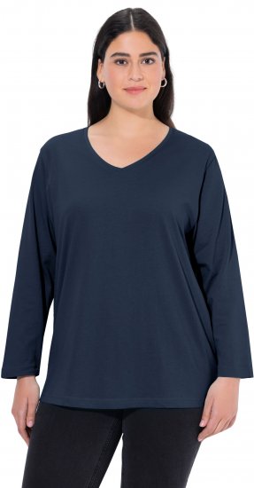 Ulla Popken Back To Basics V-Neck Relaxed Fit Cotton Tee Navy Blue - Tricouri - 