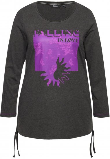 Ulla Popken Tie Hem Long Sleeve Graphic Tee Charcoal Grey Melange - Tricouri imprimate pentru femei - 