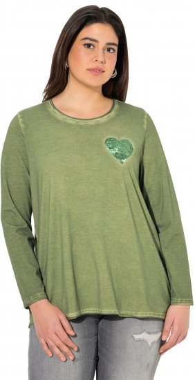 Ulla Popken Cold Dyed Sequined Heart Long Sleeve Tee Sage Green - Tricouri imprimate pentru femei - 