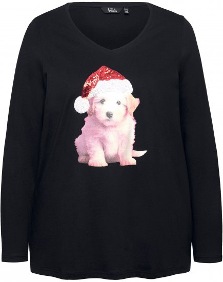 Ulla Popken Puppy Graphic Christmas Long Sleeve T-Shirt Black - Tricouri - 