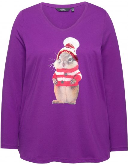 Ulla Popken Christmas Squirrel Long Sleeve Graphic Tee Dark Purple - Tricouri imprimate pentru femei - 