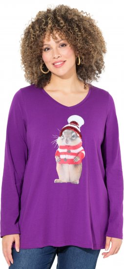 Ulla Popken Christmas Squirrel Long Sleeve Graphic Tee Dark Purple - Tricouri imprimate pentru femei - 
