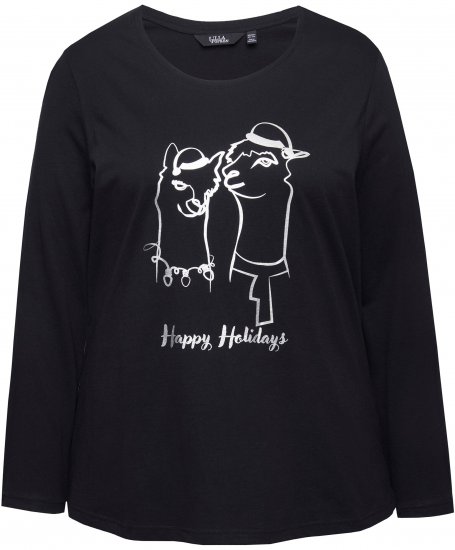 Ulla Popken Metallic Graphic Holiday Tee Black - Tricouri imprimate pentru femei - 