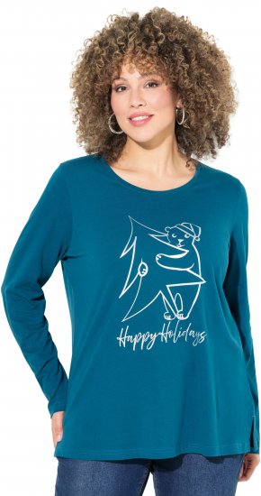 Ulla Popken Metallic Graphic Holiday Tee Teal - Tricouri imprimate pentru femei - 