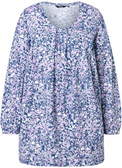 Ulla Popken Allover Printed Pleated Long Sleeve Tee Dark Blue - Tricouri imprimate pentru femei - 