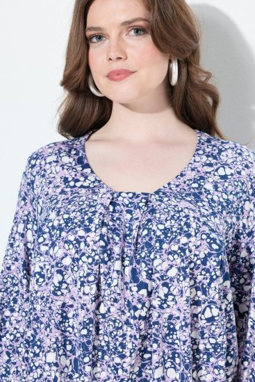 Ulla Popken Allover Printed Pleated Long Sleeve Tee Dark Blue - Tricouri imprimate pentru femei - Tricouri cu imprimeu pentru femei