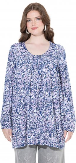 Ulla Popken Allover Printed Pleated Long Sleeve Tee Dark Blue - Tricouri imprimate pentru femei - 